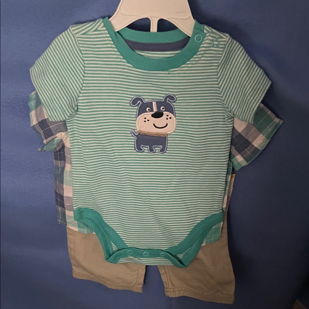 Striped Green Dog Print Kids Three Piece Outfit